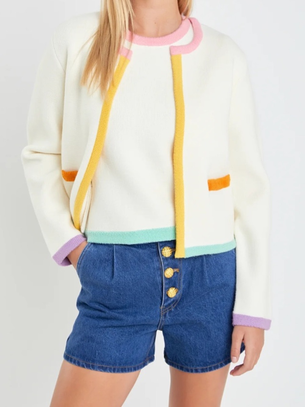 ENGLISH FACTORY Women’s Pastel Color Block Trim Wool Blend Cardigan Sweater S